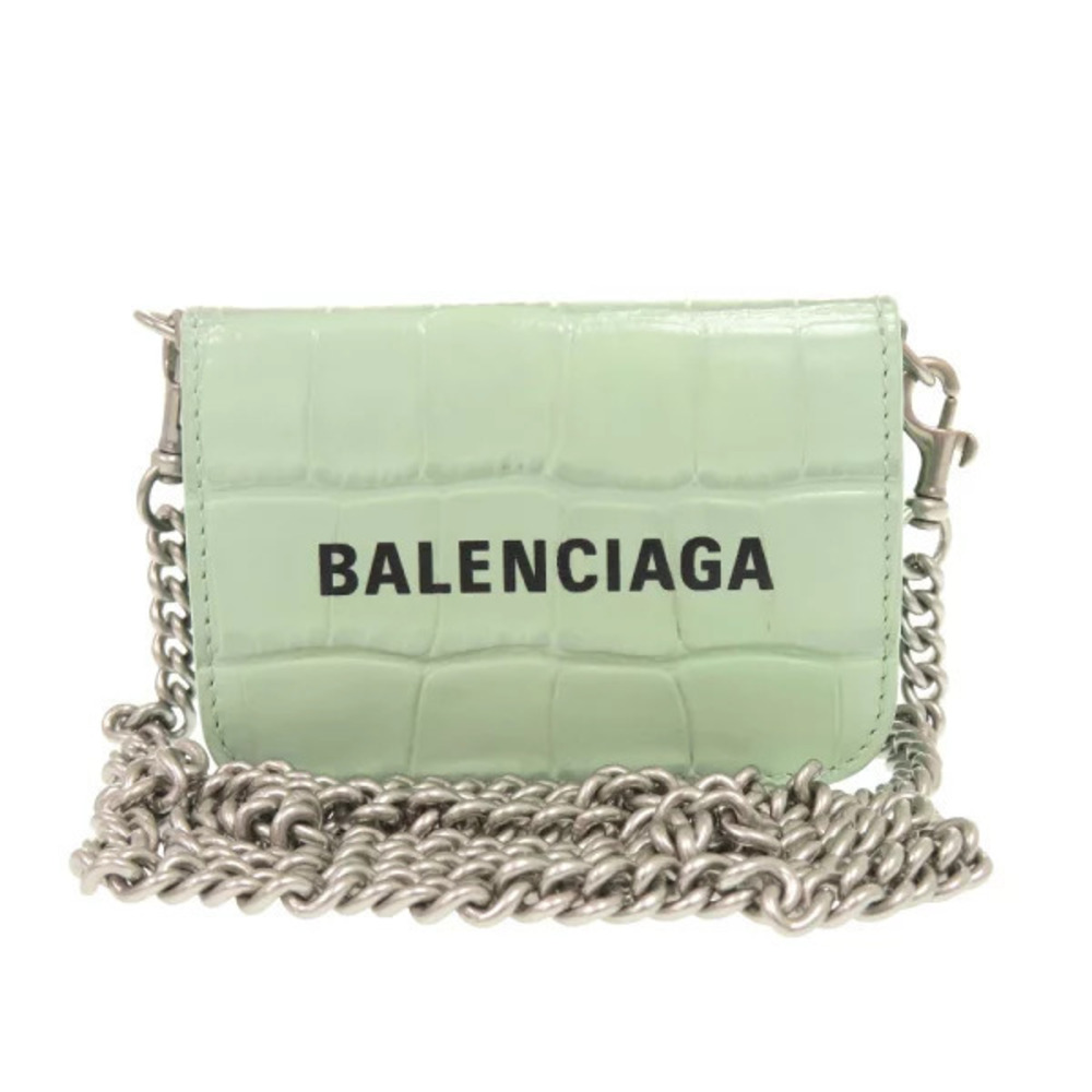 Balenciaga Chain Wallet Embossed Leather Green Tri fold